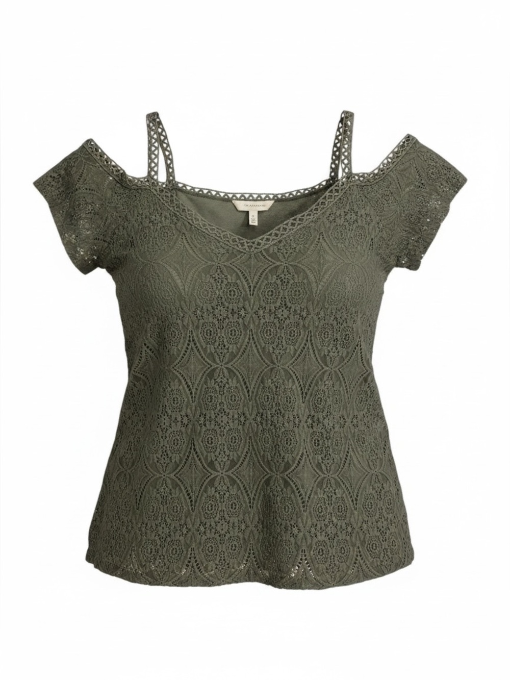 No Comment Plus Lace Cold-Shoulder Top in Olive Green